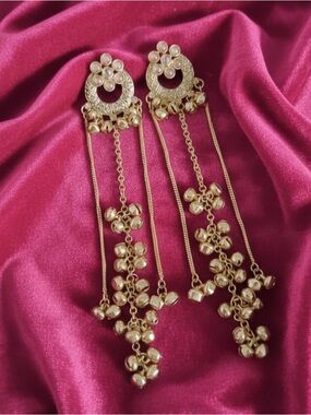 Gold Long Dangle Kashmiri Drop Earrings - Women Jewelry
